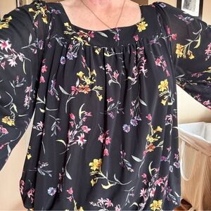 Ember XL Women’s Floral Blouse Top Black Square Neck Elastic Hem 3/4 Sleeve Boho